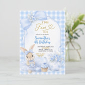 Blauw Gingham Strik Das Konijn Theepartij Vierde V Kaart (Staand voorkant)