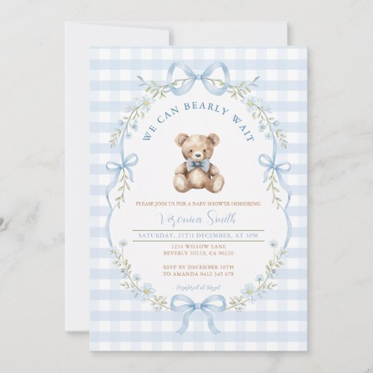 Blauw Gingham Strik Dier Baby Shower Uitnodiging (Voorkant)
