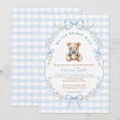 Blauw Gingham Strik Dier Baby Shower Uitnodiging (Voorkant / Achterkant)