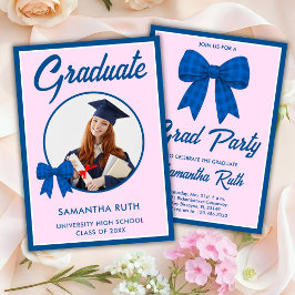 Blauw Gingham Strik Foto Afstudeerfeest Kaart