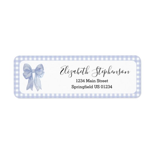 Blauw Gingham Strik Retouradreslabel Etiket (Voorkant)