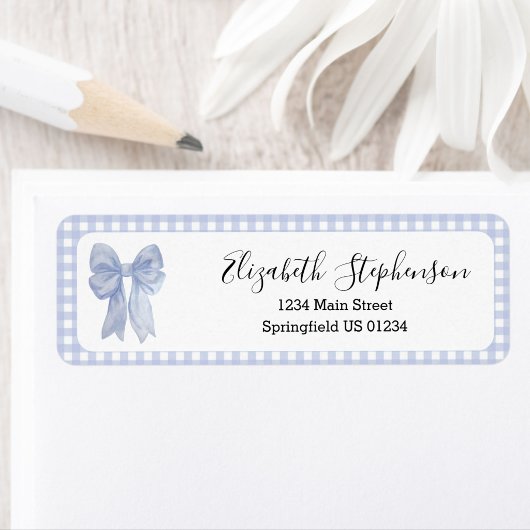 Blauw Gingham Strik Retouradreslabel Etiket