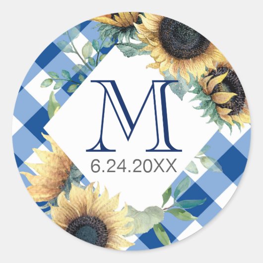 Blauw Gingham Sunflower Dank Je Ronde Sticker (Voorkant)