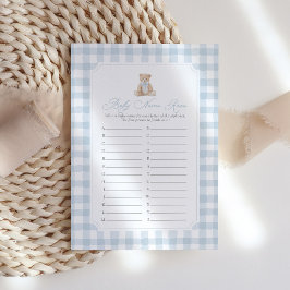 Blauw Gingham Teddibeer Baby Naam Race Spel Kaart