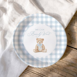 Blauw Gingham Teddibeer Baby Shower Papieren Bordje