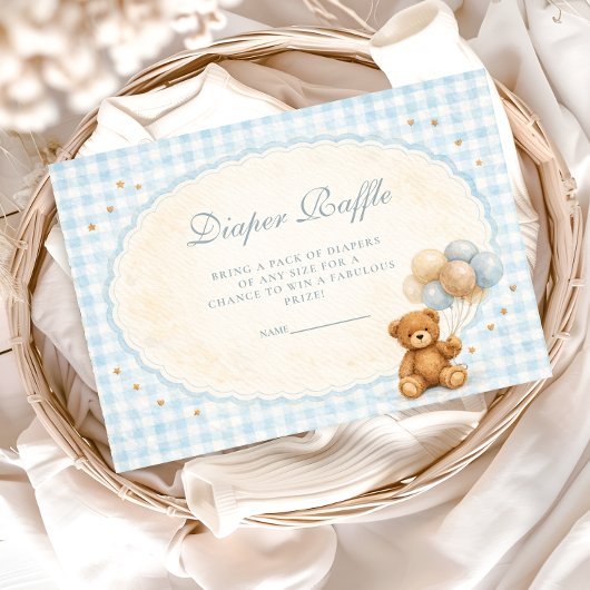 Blauw Gingham Teddibeer Luier Raffle Informatiekaartje