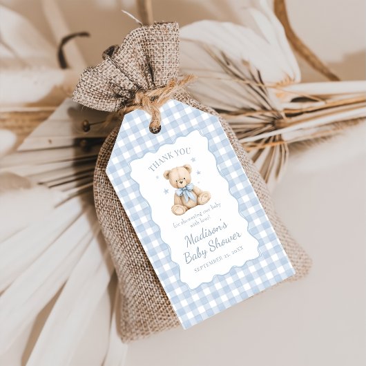 Blauw Gingham Teddybeer Baby Borrel Cadeaulabel