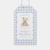 Blauw Gingham Teddybeer Baby Borrel Cadeaulabel (Voorkant)