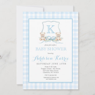 Blauw Gingham Teddybeer Baby Borrel Kaart