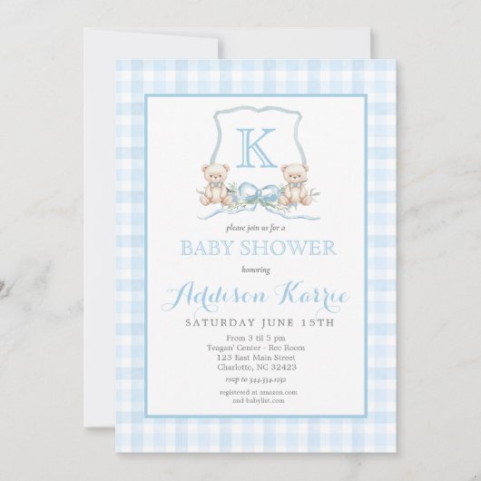 Blauw Gingham Teddybeer Baby Borrel Kaart (Voorkant)