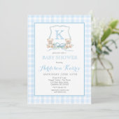 Blauw Gingham Teddybeer Baby Borrel Kaart (Staand voorkant)
