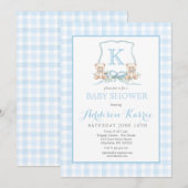 Blauw Gingham Teddybeer Baby Borrel Kaart (Voorkant / Achterkant)