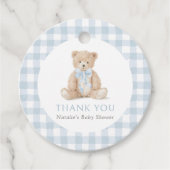 Blauw Gingham Teddybeer Baby Shower Bedankjes Labels (Voorkant)