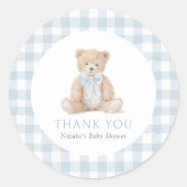 Blauw Gingham Teddybeer Baby Shower Ronde Sticker (Voorkant)