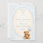 Blauw Gingham Teddybeer Babyfeest Kaart (Voorkant)