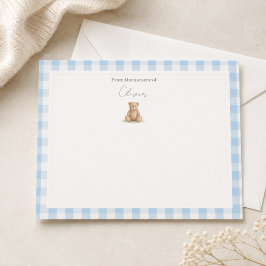 Blauw Gingham Teddybeer Babykamer Notitiekaartje