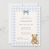Blauw Gingham Teddybeer Babyshower Uitnodiging (Voorkant)