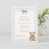 Blauw Gingham Teddybeer Babyshower Uitnodiging (Staand voorkant)