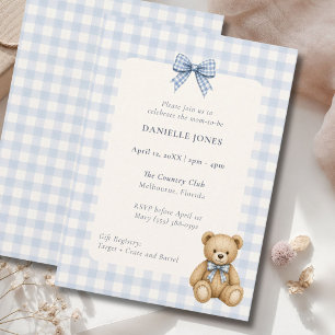 Blauw Gingham Teddybeer Babyshower Uitnodiging