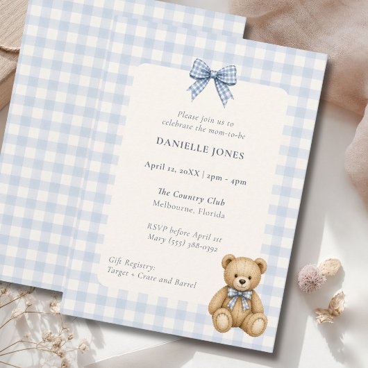 Blauw Gingham Teddybeer Babyshower Uitnodiging
