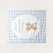 Blauw Gingham Teddybeer Babyshower  Wandkleed (Voorkant (horizontaal))