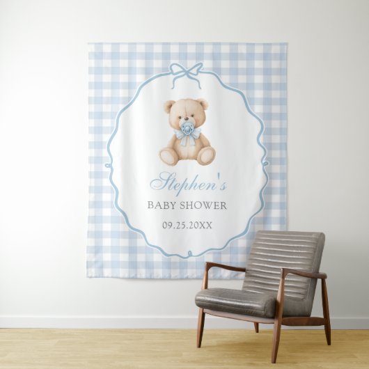 Blauw Gingham Teddybeer Babyshower  Wandkleed (In situ)