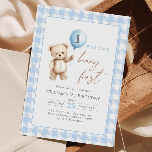 Blauw Gingham Teddybeer Ballon Jongen 1e Verjaarda Kaart
