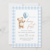 Blauw Gingham Teddybeer Ballon Jongen 1e Verjaarda Kaart (Voorkant)