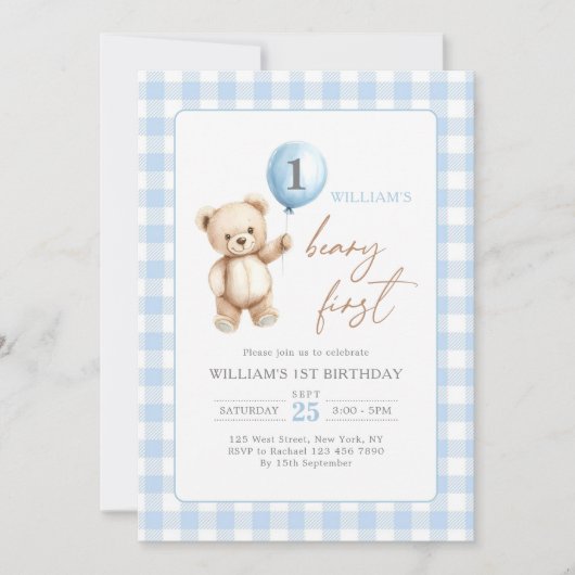 Blauw Gingham Teddybeer Ballon Jongen 1e Verjaarda Kaart (Voorkant)
