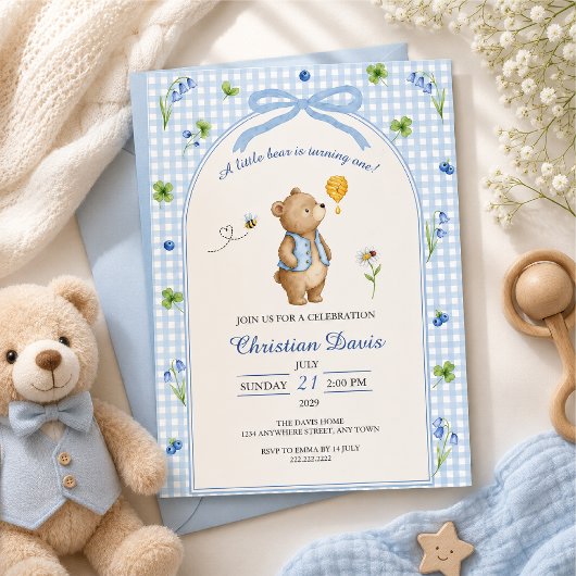Blauw Gingham Teddybeer Eerste Verjaardag Kaart