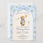 Blauw Gingham Teddybeer Eerste Verjaardag Kaart (Voorkant)