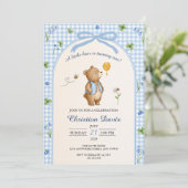Blauw Gingham Teddybeer Eerste Verjaardag Kaart (Staand voorkant)