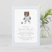 Blauw Gingham Teddybeer Voetbal Eerste Schop