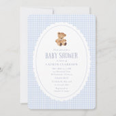 Blauw Gingham Teddydbeer Babyshower Uitnodiging (Voorkant)