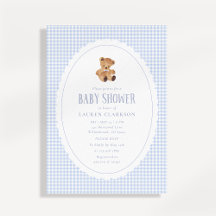 Blauw Gingham Teddydbeer Babyshower Uitnodiging