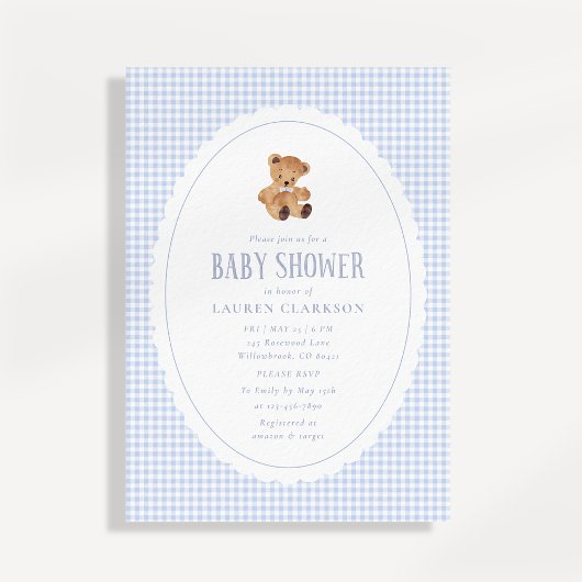 Blauw Gingham Teddydbeer Babyshower Uitnodiging