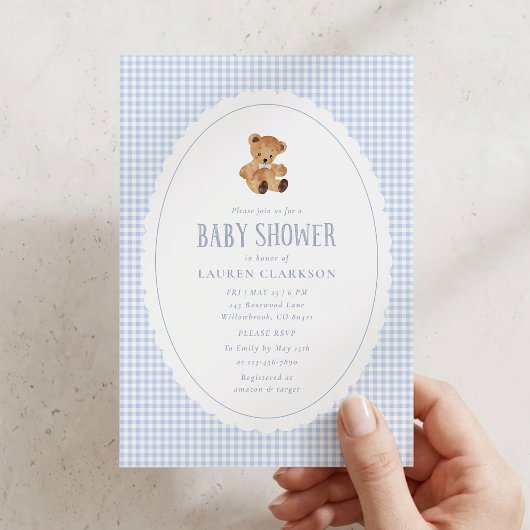 Blauw Gingham Teddydbeer Babyshower Uitnodiging