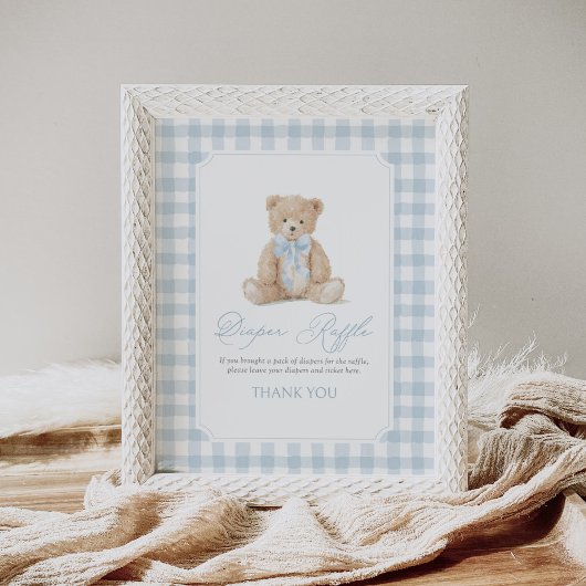 Blauw Gingham Teddydier Baby Shower Luier Raffle Poster