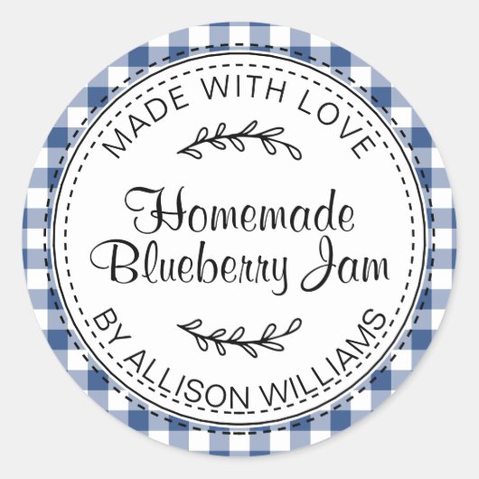 Blauw Gingham Thuisgemaakte Bosbessenjam Etiket (Voorkant)