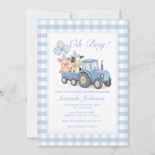 Blauw Gingham Tractor Baby Shower Dieren Kaart (Voorkant)