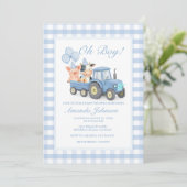 Blauw Gingham Tractor Baby Shower Dieren Kaart (Staand voorkant)