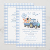 Blauw Gingham Tractor Baby Shower Dieren Kaart (Voorkant / Achterkant)