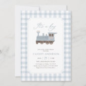 Blauw Gingham Trein Baby Shower Kaart (Voorkant)