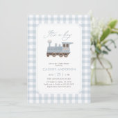 Blauw Gingham Trein Baby Shower Kaart (Staand voorkant)