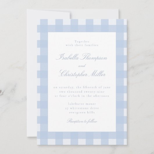 Blauw Gingham Trouw Uitnodiging (Voorkant)