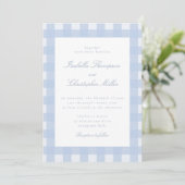 Blauw Gingham Trouw Uitnodiging (Staand voorkant)