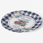 Blauw Gingham Uit de Markt Bloem Bruidsdouche Papieren Bordje (Gekanteld)
