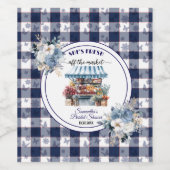 Blauw Gingham Uit de Markt Bloem Bruidsfeest Wijn Etiket (Enkel label)