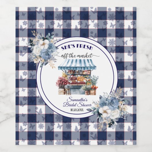 Blauw Gingham Uit de Markt Bloem Bruiloft Feest Wijn Etiket (Enkel label)