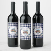 Blauw Gingham Uit de Markt Bruiloftsshower Wijn Etiket (Flessen)
